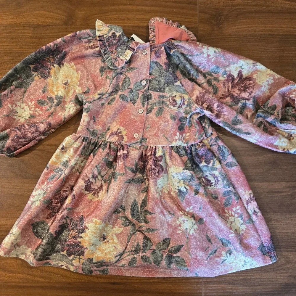 Eve & Milo Kids Pink Metallic Floral Puff Sleeve Ruffle Collar‎ Dress 2-3 Years